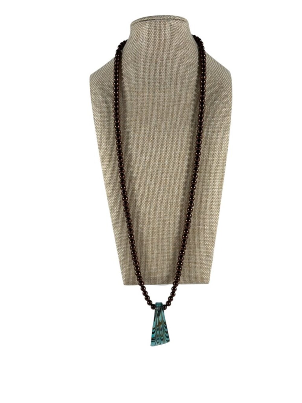 Chocolate Brown Beaded Necklace Teal Acrylic Pendant Long Necklace Artisan